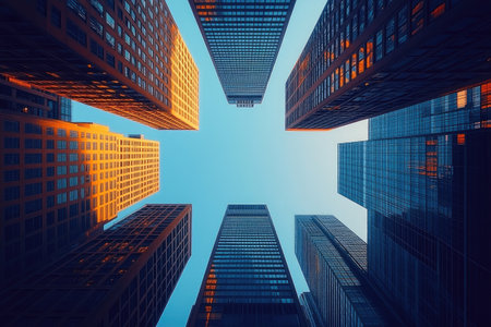 Stunning wide-angle shot of skyscrapers in downtown Toronto, showcasing the architectural diversity and modernity against a clear blue sky. The perspective is from below, looking up at the towering buildings, creating an immersive experience that highlights their height and unique designs. --ar 3:2 --stylize 750 --v 6.1 Job ID: a883050a-599b-4081-bb90-c18055ee58edの素材
