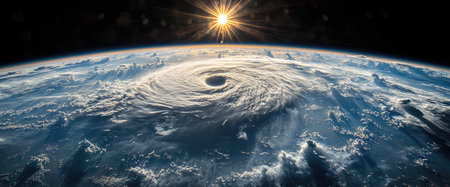 A wide-angle view of Earth from space, with the sun casting its rays over it and a massive hurricane in the distance. The Earth's surface is visible against the blackness of deep space. --ar 12:5 --stylize 750 --v 6.1 Job ID: 44442d6b-4a3b-4028-a9aa-6a7c648c5e62の素材
