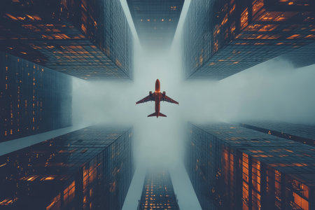 Low-angle photograph of tall office buildings with an airplane flying overhead, grey sky, architectural photography, high resolution, natural lighting, high quality, high contrast --ar 3:2 --stylize 750 --v 6.1 Job ID: dc3db235-2f5c-4b0e-9603-16b2254eff52の素材