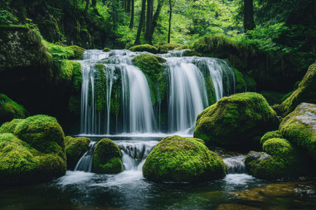 A stunning waterfall cascades down moss-covered rocks, surrounded by lush greenery in the serene wilderness of Germany's Black Forest national park. --ar 3:2 --v 6.1 Job ID: 090ed2b0-0ba2-4182-bde9-4099f22e563dの素材