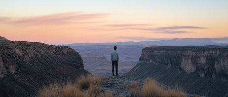 A person stands atop a mountain, overlooking vast mountains and valleys at dusk. The sky is a pastel pink with a few clouds. In front, there is another high cliff with no vegetation, only grassy rocks. A man wearing hiking gear stands facing away from the camera, looking out over his surroundings. He wears black pants and a white shirt. Use a Sony Î±7 III with a 20mm lens and an f/8 aperture setting to capture the sense of adventure and freedom he feels while exploring this beautiful place. --ar 7:3 --v 6.1 Job ID: 9cc3a6d5-ef27-4d48-b0ac-3cb1e5d983b9の素材