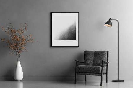 A mockup of an A4 poster on the wall above an armchair, next to it is a floor lamp and a plant in a vase. The room is grey, with a black-framed poster. The design is simple, with high-resolution photography, a high-quality product photo, hyper-realistic details, cinematic lighting, and high definition. --ar 3:2 --v 6.1 Job ID: 46aaf720-d74a-4434-a41e-386af868ea0fの素材