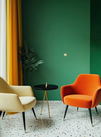 Modern interior design, a small round black side table with brass legs in the center of the room between two armchairs, a green wall, a terrazzo floor, an orange and yellow sofa, colorful furniture, ultra-realistic photography, detailed textures, professional color grading, soft shadows, low contrast, clean, sharp focus, a magazine-style photoshoot. --ar 11:15 --v 6.1 Job ID: 4ee8446b-1b04-43c7-a646-7005ffdcd82cの素材