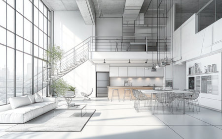 Modern interior design of a loft apartment, featuring a kitchen and living room with a dining table in white. In the background, stairs lead to the second floor. This is a sketch line drawing concept art of a modern house plan with large glass windows and a door leading outside. Realistic 3D rendering. Interior architecture of a studio apartment. --ar 8:5 --v 6.1 Job ID: c59b8156-846f-4d77-a652-555ca77d127eの素材
