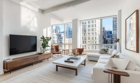 Modern living room with a white sofa, coffee table, and chairs. A TV is set up on the left side of the wall, with large windows in the background. The color scheme is neutral, with bright lighting and a simple yet elegant decor style. --ar 5:3 --v 6.1 Job ID: 9fc67181-fd37-4fef-9599-58f8490c82a2の素材
