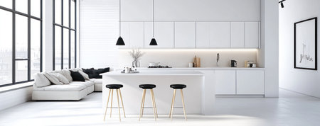 A white kitchen with an island, barstools, and a living room in the background with a light grey sofa, black pillows, and windows. The home decor includes modern cabinets and lighting fixtures. --ar 38:15 --v 6.1 Job ID: eb1f8c81-706d-4d78-aeb5-63169eaf4ba6の素材