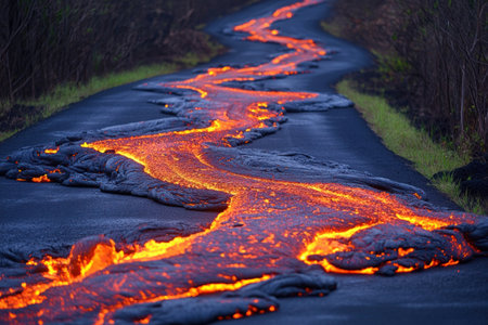 Lava flows on the road in Hawaii, with red and orange colors, creating an intense visual effect. The lava is flowing down from both sides of the asphalt roads, forming glowing structures that highlight its heat. It's an amazing sight to see, showcasing nature at its most powerful during sunset. --ar 3:2 --v 6.1 Job ID: a2d2c33b-50fd-4b0d-9c00-3411206a45a8の素材