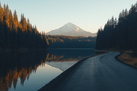 Photo of Trillium Lake with Mount Hood in the background, photograph by National Geographic. Mount Hood's muscular silhouette is reflected on the lake's surface, bathed in golden hour lighting, against a clear sky and pine forest. A road leading to the mountain base is lined with trees. --ar 3:2 --v 6.1 Job ID: 645f0efb-5dce-4289-bd86-3870d4dabe8fの素材