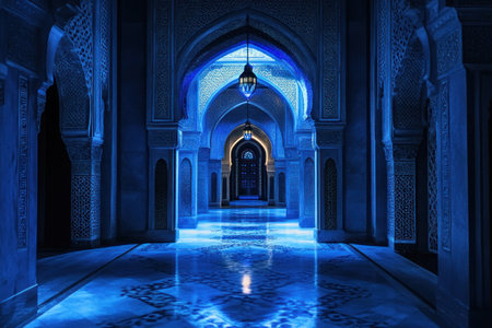 Interior of an Arabian palace, with tall arched doorways and intricate patterns in blue light. --ar 3:2 --v 6.1 Job ID: 0d56452b-9e83-4524-9449-f494b47cca4dの素材