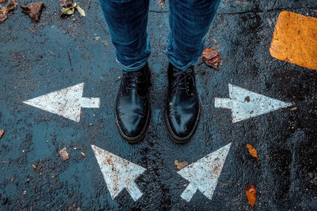 A person standing on the ground with many arrows pointing in different directions, symbolizing multiple possibilities and obstacles during their journey towards success. The perspective is from above, looking down at the feet wearing blue jeans and black leather boots. White arrow signs should be drawn all over the concrete floor. Use a wide-angle lens to capture the entire scene. --ar 3:2 --stylize 750 --v 6.1 Job ID: ccdf4a5f-91a3-49ad-97cf-6b5fd7eea69cの素材