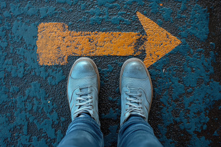 A person standing on the ground with an arrow pointing up, blue carpet, gray shoes, top view, close-up of feet, photorealistic. --ar 3:2 --stylize 750 --v 6.1 Job ID: 20c259eb-7568-4e88-a285-799a210871a1の素材