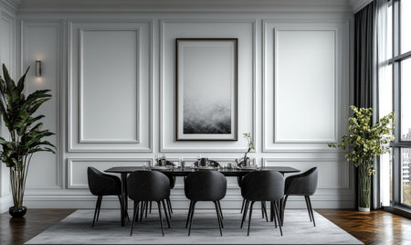 A simple and elegant dining room with white paneled walls, featuring two blank wall frames above the table that can be used for mockups or artwork. The setting includes black marble chairs around a rectangular dark wood dining table, creating a sophisticated atmosphere in a classic-style home interior design. --ar 5:3 --stylize 750 --v 6.1 Job ID: 30df52fc-dc99-4ab5-9efe-68cd70d49290の素材