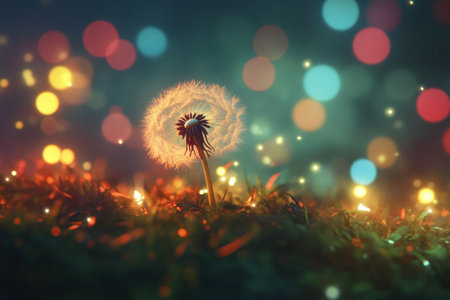 A dandelion seed head with colorful lights in the background, a bokeh effect, green grass at night, in the style of fantasy, magical realism, soft lighting, vibrant colors, and a sense of wonder. --ar 3:2 --v 6.1 Job ID: f6b28a13-c6aa-4258-8cbd-8ea28434a056の素材