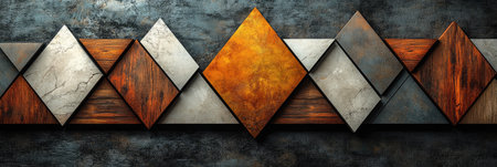A wall with an elegant geometric pattern of triangles and stripes in brown, beige, white marble, and wood. The background is dark gray, creating a contrast between the light-colored marble and the rich wooden texture. This design emphasizes modernity while adding depth to your space. High resolution. --ar 3:1 --stylize 750 --v 6.1 Job ID: 0f8b150a-ef69-4e86-9b9a-d50381e79abbの素材