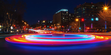 A city street at night with light trails from passing cars, with tall buildings in the background. The scene is captured using long exposure photography techniques to create blurred streaks of lights and colors around moving objects like vehicles or traffic circles. This creates an atmosphere of urban energy and movement, with vibrant neon blue, red, orange, purple, and green lighting, creating dynamic visual effects that capture speed and motion. --ar 2:1 --v 6.1 Job ID: 6b7baa35-4de1-4445-be54-3e177658f979の素材