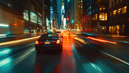 A city street at night with long-exposure lights and skyscrapers in the background, showcasing modern urban life and traffic motion blur. The photo is taken from an eye-level perspective, capturing the essence of high-speed driving through busy streets. In the foreground, there's one car moving slowly on its way to its destination, while other cars pass by at lightning-fast speeds. This scene conveys the concept of dynamic movement and time-lapse photography. --ar 53:30 --v 6.1 Job ID: 9079068f-100e-4217-a5c5-097722ecfd16の素材
