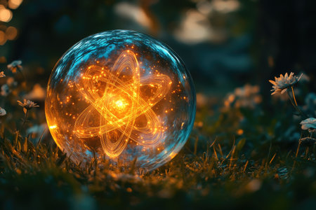 A transparent glass sphere lying on the grass, inside which is an atom with glowing pro Fontainebleau lines and energy radiating from it. The atmosphere of magic and mystery. A photo taken by sony alpha --ar 3:2 --stylize 750 --v 6.1 Job ID: 084ef5ac-ab56-48c4-b3f3-b44d51c68789の素材