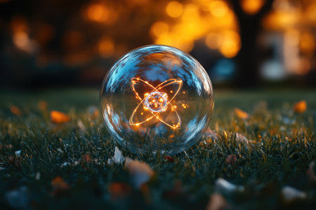 A transparent glass sphere with an atom inside is lying on the grass, light radiates from it --ar 3:2 --stylize 750 --v 6.1 Job ID: e7c5e251-3dee-4bb9-bce1-87c9d4c98978の素材