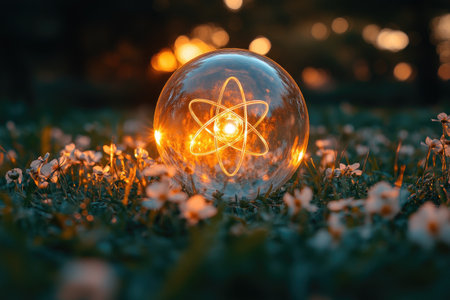 A transparent glass sphere with an atom inside is lying on the grass, light radiates from it --ar 3:2 --stylize 750 --v 6.1 Job ID: e7c5e251-3dee-4bb9-bce1-87c9d4c98978の素材
