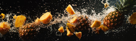 Fruit splashes in water, isolated on a black background, perfect for various applications. A dynamic composition featuring fruits like pineapples and bananas, surrounded by flying exotic fruit pieces with droplets of juice, set against the backdrop of a clean, dark space. The splash effect adds energy to your design while providing ample copy space. This stock photo highlights the beauty of fresh tropical fruits, making it an ideal choice for creative projects. --ar 33:10 --v 6.1 Job ID: ae684452-e2b4-4b12-b23a-800944b2cfb7の素材