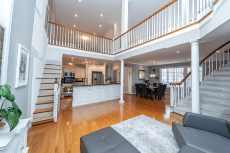 photo of modern open concept living room and kitchen in white with grey accents, double staircase, clean lines, --ar 3:2 --v 6.1 Job ID: 1f9d1f17-18e5-4937-9aa7-019a70ce5c8fの素材
