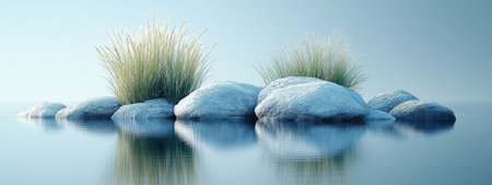 3D render of simple grass on small rocks in water, simple background, calm water surface, reflection, blue color gradient, high resolution, high quality --ar 8:3 --stylize 750 --v 6.1 Job ID: 720f0674-b375-4479-b99f-4faab04208bcの素材