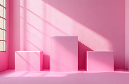 3D rendering of three white cube podiums in front of a pastel pink wall background. Abstract minimal mockup for product presentation, showcase, and cosmetic advertising. Minimalistic geometric platform scene with copy space. --ar 23:15 --stylize 750 --v 6.1 Job ID: 032b08e2-c354-40ec-87af-70b20dd548f9の素材