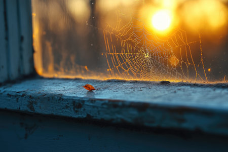 A close-up of the window sill with visible signs that spiders have made their home, including webbing and small brown leaves. The focus is on capturing details like spider webs around the edges or small pieces of dust hanging in front of them. This shot should highlight how dust has intricately accumulated on the windowsill from nearby areas, adding to the natural look of your exterior space. --ar 3:2 --stylize 750 --v 6.1 Job ID: 9a7d447c-5e39-41fa-81fe-6fe16db5a1a2の素材