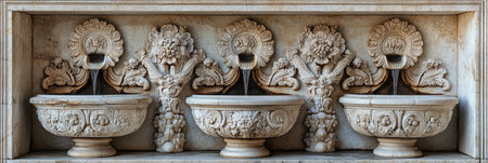 A close-up of three ornate stone fountains on the side wall. The symmetrical composition is adorned with intricate carvings and decorative elements that give it an elegant appearance. The image features a marble texture and a cream background, showcasing the architectural photography in high detail. --ar 89:30 --stylize 750 --v 6.1 Job ID: ca9a0d43-be5d-4867-9f6f-bb59e8c3f04dの素材