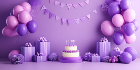 3D backdrop in a purple color, with a birthday cake and balloons, gift boxes, stars, and a banner in the middle. --ar 2:1 --v 6.1 Job ID: 08350898-e6f8-432a-aef3-3508cb500c5aの素材