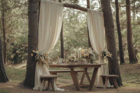 A beautiful wedding ceremony decor in the forest with white curtains, flowers, and candles on chairs at the entrance to an old pine grove for a summer or spring event. A wedding arch made of fabric and flower arrangements on wooden tables. Daylight. Shot with a Nikon D850 DSLR, a high-quality photo. --ar 3:2 --v 6.1 Job ID: d43c00f6-48de-46a2-ba11-d92f230bf1c8の素材