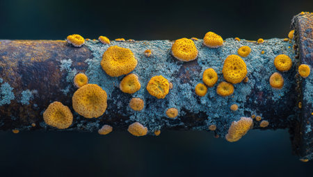 A close-up of lichen growing on the side of an iron pipe. The yellow spores and blue moss form intricate patterns that resemble mushrooms or corals. Macro photography, nature photography, natural lighting. Nikon D850 camera with Nikon AF-S Nikkor 70-200mm f/4E ED VR lens. --ar 53:30 --v 6.1 Job ID: ce105d86-295e-4d61-8603-2dce429c5a01の素材