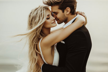 A handsome groom in a black suit is lifting his blonde bride with long hair up and kissing her on the forehead. She wears a white wedding dress. They dance by the sea, with a white background and a romantic atmosphere. This is a professional photograph with color grading, soft shadows, and no contrast, resulting in a clean, sharp focus digital photography. --ar 3:2 --v 6.1 Job ID: 2b8a43c5-7f1d-4211-83ca-64190f066450の素材