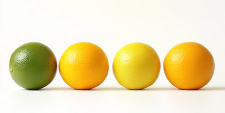 Knolling of citrus fruits, white background, high-resolution photography, stock photo, professional color grading, soft shadows, low contrast, clean sharp focus, film grain --ar 59:30 --v 6.1 Job ID: aa4203ff-a2a7-42c4-ae75-cea6e7f678d5の素材