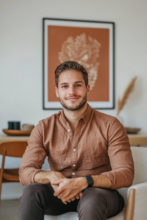 Modern living room with a terracotta-colored sofa and chairs, white walls, a wooden table in the background, a large poster on the wall, Scandinavian interior design, minimalistic decor, a warm, light atmosphere, natural materials, and modern furniture. --ar 2:3 --v 6.1 Job ID: aef1fc96-c0b2-4bff-a58e-1e43ccd1ae4aの素材