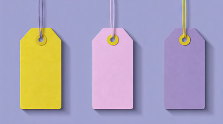 Three blank price tags of different pastel colors; yellow, pink, and purple, hanging on strings against a light purple background.  Each tag has a small gold-colored ring at the top for hanging.  The tags are positioned horizontally and have a slightly shaded effect, suggesting a 3D dimension.の素材