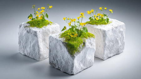 Three cubic stone planters, each filled with a small arrangement of vibrant yellow flowers and green moss. The planters are set against a muted gray background, creating a visually appealing still life composition.の素材