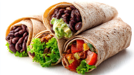 Several different burritos, filled with various ingredients like beans, avocado, and vegetables, are arranged and displayed on a white surface.  The burritos are stacked, allowing a view of the different fillings.の素材