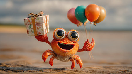 Cartoon crab, colored orange and red, is depicted on a sandy beach. It is holding a gift box with a patterned wrapping and a golden ribbon. Several colorful balloons are attached to its other claw. The crab has big, expressive eyes and a cheerful expression, conveying a sense of joy and celebration.の素材