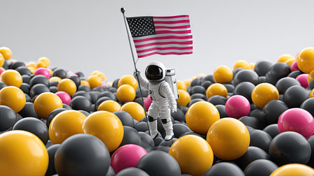 3D rendering or illustration depicts an astronaut standing on a landscape of various colorful spheres, with a prominent American flag. The astronaut is positioned in the center of the image, and the spheres form a dynamic, textured background.の素材