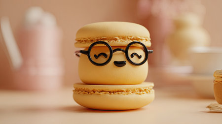 Two stacked yellow macarons, designed to resemble a character with glasses.  The macarons are on a light peach colored background, with other, out-of-focus,  dessert items in the image.の素材