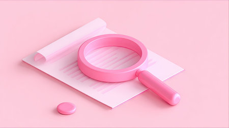 Pink magnifying glass rests on top of a sheet of pastel pink paper.  The paper has faint lines and is positioned on a solid pink background.  A small pink circle object is also present, positioned slightly below and to the left of the magnifying glass.  The image is a 3D rendering, emphasizing simple shapes and colors.の素材