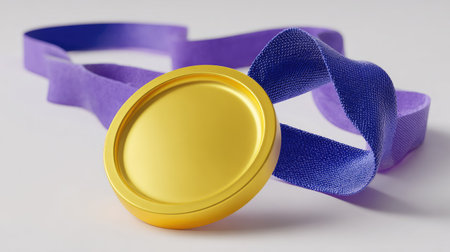 Close-up view of a gold medal with overlapping purple and blue ribbons. The medal is circular and has a smooth, metallic finish. The ribbons are textured and have a slight curvature. The background is a plain white, allowing the medal and ribbons to stand out clearly.の素材