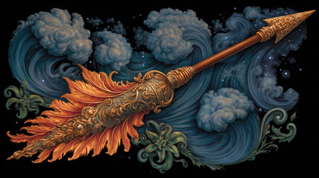 Detailed illustration of an arrow. The arrow is adorned with intricate gold ornamentation and fiery orange feathers. It is positioned amidst swirling dark blue waves and clouds, creating a rich and dynamic visual composition.  The background is a deep black, further enhancing the visual impact of the arrow.の素材