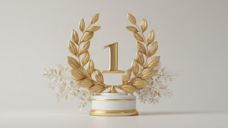 Gold laurel wreath encircles the number one, placed on a white pedestal.  Delicate white floral elements surround the base. The image is a  shot against a plain light beige background.  The style is modern and elegant, suitable for use in advertising or product design.の素材