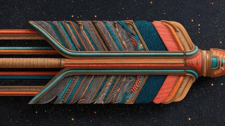 Detailed, colorful decorative element with layers and patterns in various colors, including muted tones of orange, teal, and tan.  The design appears highly textured, composed of geometric shapes and layered forms.  The element is positioned against a dark background speckled with small lights.の素材