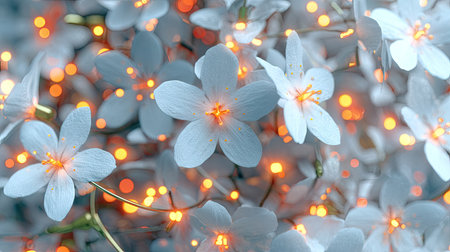 Close-up image of a cluster of light-blue flowers with glowing orange centers, set against a backdrop of blurred string lights. The image emphasizes the delicate petals and the interplay of light and color. The flowers are arranged in a dense cluster, creating a soft, dreamy atmosphere.の素材