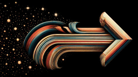 Stylized arrow, formed from layered lines of various colors, is set against a backdrop of glittering stars. The lines of the arrow appear to be in motion, creating a sense of dynamism and energy. The arrow points to the right, with its layered structure creating a three-dimensional effect.の素材