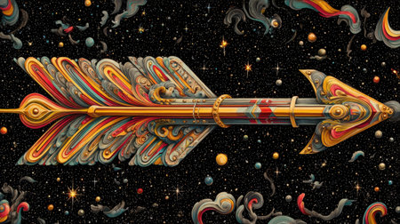 Detailed illustration of an arrow, adorned with intricate, colorful, and ornate designs, set against a backdrop of space, stars, and planets.  The arrow is visually compelling and filled with a unique style.の素材