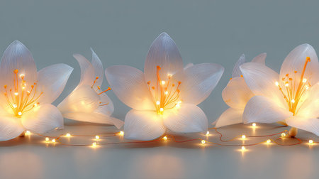 Digital illustration of several large, translucent, white flowers with warm-toned LED lights.  The flowers are positioned in a way that creates a sense of elegance and peace. A string of tiny LED lights run beneath the flowers, creating a soft, subtle glow. The background is a muted, light gray.の素材